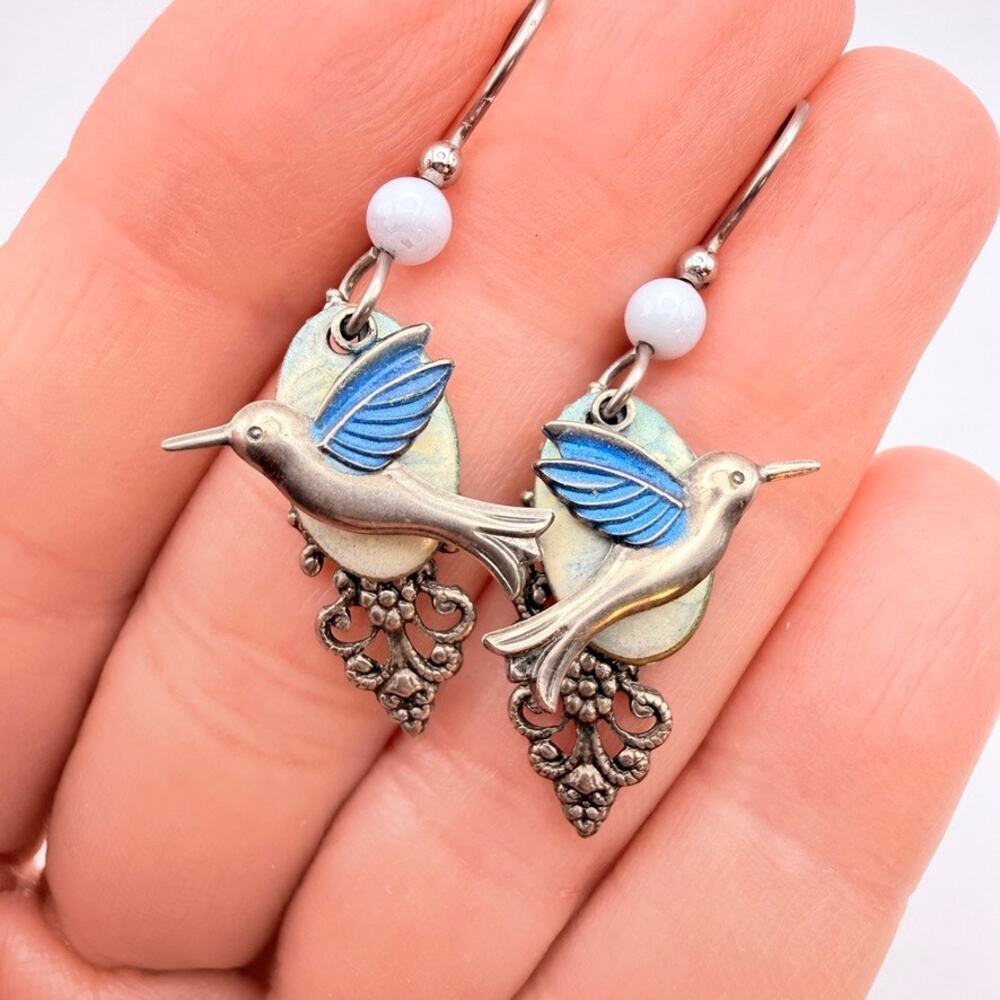 SILVER FOREST Handmade Blue Hummingbird Dangle Earrings Filigree 18k GP E-9757